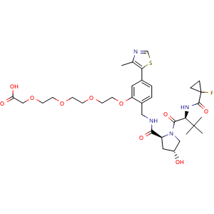 Chemical structure of 2-(2-(2-(2-(2-(((2S,4R)-1-((S)-2-(1-fluorocyclopropane-1-carboxamido)-3,3-dimethylbutanoyl)-4-hydroxypyrrolidine-2-carboxamido)methyl)-5-(4-methylthiazol-5-yl)phenoxy)ethoxy)ethoxy)ethoxy)acetic acid , CAS 2306193-89-3, AChemBlock AD271085