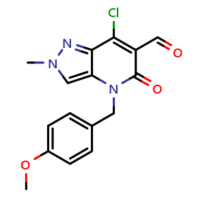 Chemical structure of 7-chloro-4-[(4-methoxyphenyl)methyl]-2-methyl-5-oxo-2H,4H,5H-pyrazolo[4,3-b]pyridine-6-carbaldehyde , CAS 2338863-44-6, AChemBlock AD271092