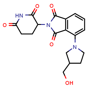 Chemical structure of 2-(2,6-dioxopiperidin-3-yl)-4-(3-(hydroxymethyl)pyrrolidin-1-yl)isoindoline-1,3-dione , CAS 2355289-75-5, AChemBlock AD271095