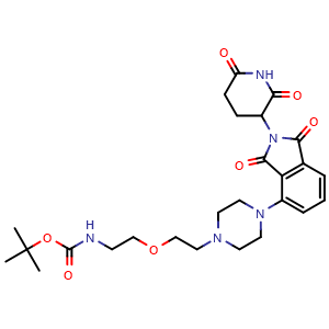 Chemical structure of tert-butyl N-(2-(2-(4-(2-(2,6-dioxopiperidin-3-yl)-1,3-dioxo-2,3-dihydro-1H-isoindol-4-yl)piperazin-1-yl)ethoxy)ethyl)carbamate , CAS 2357113-66-5, AChemBlock AD271098