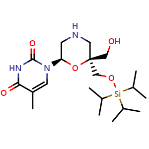 Chemical structure of 1-[(2R,6S)-6-(hydroxymethyl)-6-{[(tris(propan-2-yl)silyl)oxy]methyl}morpholin-2-yl]-5-methyl-1,2,3,4-tetrahydropyrimidine-2,4-dione , CAS 2376454-09-8, AChemBlock AD271106