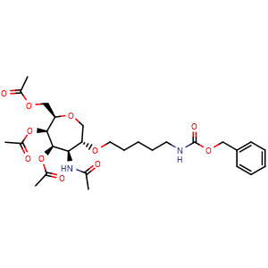 Chemical structure of [(2R,3R,4R,5R,6R)-3,4-bis(acetyloxy)-6-[(5-{[(benzyloxy)carbonyl]amino}pentyl)oxy]-5-acetamidooxepan-2-yl]methyl acetate , CAS 2376495-66-6, AChemBlock AD271107