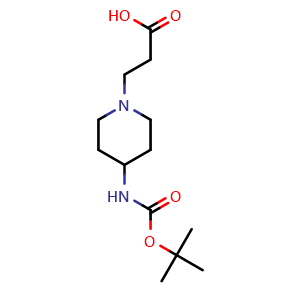 Chemical structure of 3-(4-{[(tert-Butoxy)carbonyl]amino}piperidin-1-yl)propanoic acid , CAS 2385189-09-1, AChemBlock AD271119