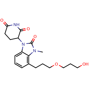 Chemical structure of 3-(4-(3-(3-hydroxypropoxy)propyl)-3-methyl-2-oxo-2,3-dihydro-1H-benzo[d]imidazol-1-yl)piperidine-2,6-dione , CAS 2408504-91-4, AChemBlock AD271125