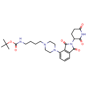 Chemical structure of tert-butyl N-(4-(4-(2-(2,6-dioxopiperidin-3-yl)-1,3-dioxo-2,3-dihydro-1H-isoindol-4-yl)piperazin-1-yl)butyl)carbamate , CAS 2412988-05-5, AChemBlock AD271133