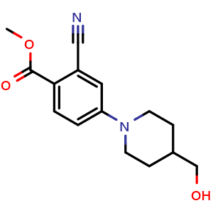 Chemical structure of methyl 2-cyano-4-(4-(hydroxymethyl)piperidin-1-yl)benzoate , CAS 2413038-01-2, AChemBlock AD271135