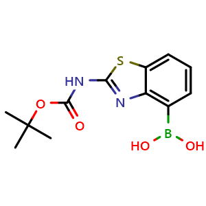 Chemical structure of (2-{[(tert-butoxy)carbonyl]amino}-1,3-benzothiazol-4-yl)boronic acid , CAS 2415163-56-1, AChemBlock AD271140