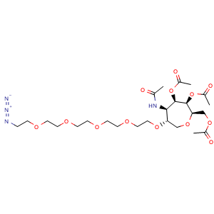 Chemical structure of [(2R,3R,4R,5R,6R)-3,4-bis(acetyloxy)-6-[(14-azido-3,6,9,12-tetraoxatetradecan-1-yl)oxy]-5-acetamidooxepan-2-yl]methyl acetate , CAS 2417682-54-1, AChemBlock AD271145