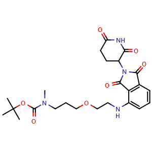 Chemical structure of tert-butyl N-(3-(2-[(2-(2,6-dioxopiperidin-3-yl)-1,3-dioxo-2,3-dihydro-1H-isoindol-4-yl)amino]ethoxy)propyl)-N-methylcarbamate , CAS 2434843-63-5, AChemBlock AD271149