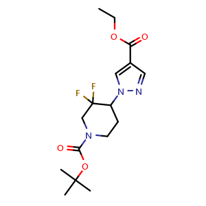 Chemical structure of tert-butyl 4-(4-(ethoxycarbonyl)-1H-pyrazol-1-yl)-3,3-difluoropiperidine-1-carboxylate , CAS 2504238-74-6, AChemBlock AD271161