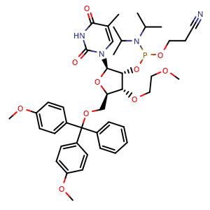 Chemical structure of 3-[({[(2R,3R,4R,5R)-5-[(bis(4-methoxyphenyl)(phenyl)methoxy)methyl]-4-(2-methoxyethoxy)-2-(5-methyl-2,4-dioxo-1,2,3,4-tetrahydropyrimidin-1-yl)oxolan-3-yl]oxy}(bis(propan-2-yl)amino)phosphanyl)oxy]propanenitrile , CAS 256223-93-5, AChemBlock AD271169