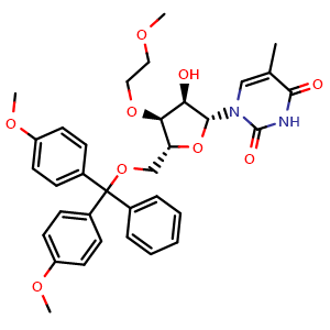 Chemical structure of 1-[(2R,3R,4S,5R)-5-[(bis(4-methoxyphenyl)(phenyl)methoxy)methyl]-3-hydroxy-4-(2-methoxyethoxy)oxolan-2-yl]-5-methyl-1,2,3,4-tetrahydropyrimidine-2,4-dione , CAS 256223-94-6, AChemBlock AD271170