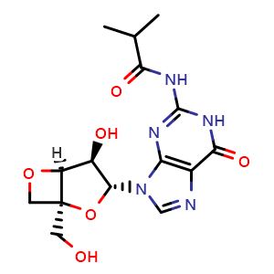 Chemical structure of N-(9-[(1S,3R,4R,5S)-4-hydroxy-1-(hydroxymethyl)-2,6-dioxabicyclo[3.2.0]heptan-3-yl]-6-oxo-6,9-dihydro-1H-purin-2-yl)-2-methylpropanamide , CAS 260269-27-0, AChemBlock AD271181