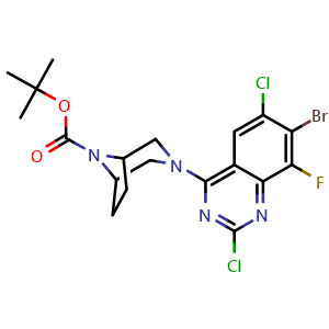 Chemical structure of tert-butyl 3-(7-bromo-2,6-dichloro-8-fluoroquinazolin-4-yl)-3,8-diazabicyclo[3.2.1]octane-8-carboxylate , CAS 2615268-63-6, AChemBlock AD271183