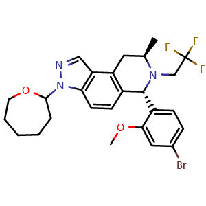 Chemical structure of (6S,8R)-6-(4-bromo-2-methoxyphenyl)-8-methyl-3-(oxepan-2-yl)-7-(2,2,2-trifluoroethyl)-3H,6H,7H,8H,9H-pyrido[4,3-e]indazole , CAS 2628375-51-7, AChemBlock AD271185