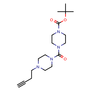 Chemical structure of tert-Butyl 4-(4-(But-3-yn-1-yl)piperazine-1-carbonyl)piperazine-1-carboxylate , CAS 2633726-46-0, AChemBlock AD271190