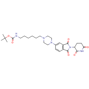 Chemical structure of tert-butyl N-(6-(4-(2-(2,6-dioxopiperidin-3-yl)-1,3-dioxo-2,3-dihydro-1H-isoindol-5-yl)piperazin-1-yl)hexyl)carbamate , CAS 2636798-36-0, AChemBlock AD271193