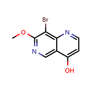 Chemical structure of 8-bromo-7-methoxy-1,6-naphthyridin-4-ol , CAS 2636814-86-1, AChemBlock AD271195