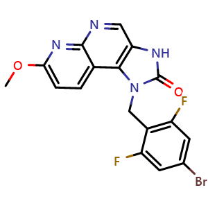 Chemical structure of 1-(4-bromo-2,6-difluorobenzyl)-7-methoxy-1,3-dihydro-2H-imidazo[4,5-c][1,8]naphthyridin-2-one , CAS 2636815-23-9, AChemBlock AD271196