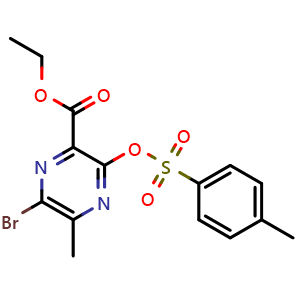 Chemical structure of ethyl 6-bromo-5-methyl-3-[(4-methylbenzenesulfonyl)oxy]pyrazine-2-carboxylate , CAS 2639780-68-8, AChemBlock AD271197