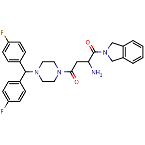 Chemical structure of 2-amino-4-(4-(bis(4-fluorophenyl)methyl)piperazin-1-yl)-1-(2,3-dihydro-1H-isoindol-2-yl)butane-1,4-dione , CAS 2650238-68-7, AChemBlock AD271202