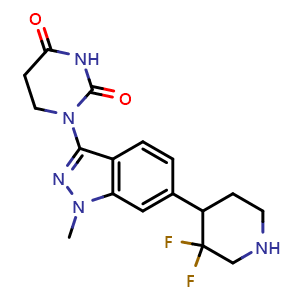Chemical structure of 1-(6-(3,3-difluoropiperidin-4-yl)-1-methyl-1H-indazol-3-yl)dihydropyrimidine-2,4(1H,3H)-dione , CAS 2654822-46-3, AChemBlock AD271204
