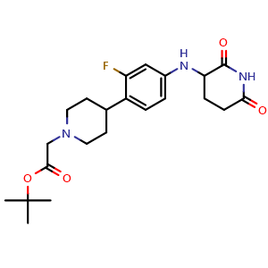 Chemical structure of tert-butyl 2-(4-(4-[(2,6-dioxopiperidin-3-yl)amino]-2-fluorophenyl)piperidin-1-yl)acetate , CAS 2654822-64-5, AChemBlock AD271205