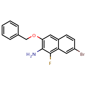 Chemical structure of 3-(benzyloxy)-7-bromo-1-fluoronaphthalen-2-amine , CAS 2655644-83-8, AChemBlock AD271206