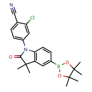 Chemical structure of 2-chloro-4-(3,3-dimethyl-2-oxo-5-(tetramethyl-1,3,2-dioxaborolan-2-yl)-2,3-dihydro-1H-indol-1-yl)benzonitrile , CAS 2660032-69-7, AChemBlock AD271208