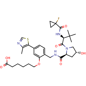 Chemical structure of 6-(2-(((2S,4R)-1-((S)-2-(1-fluorocyclopropane-1-carboxamido)-3,3-dimethylbutanoyl)-4-hydroxypyrrolidine-2-carboxamido)methyl)-5-(4-methylthiazol-5-yl)phenoxy)hexanoic acid , CAS 2697187-83-8, AChemBlock AD271217