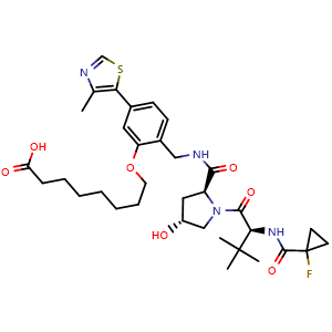 Chemical structure of 8-(2-(((2S,4R)-1-((S)-2-(1-fluorocyclopropane-1-carboxamido)-3,3-dimethylbutanoyl)-4-hydroxypyrrolidine-2-carboxamido)methyl)-5-(4-methylthiazol-5-yl)phenoxy)octanoic acid , CAS 2697187-84-9, AChemBlock AD271218