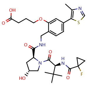 Chemical structure of 4-(2-(((2S,4R)-1-((S)-2-(1-fluorocyclopropane-1-carboxamido)-3,3-dimethylbutanoyl)-4-hydroxypyrrolidine-2-carboxamido)methyl)-5-(4-methylthiazol-5-yl)phenoxy)butanoic acid , CAS 2697187-92-9, AChemBlock AD271219
