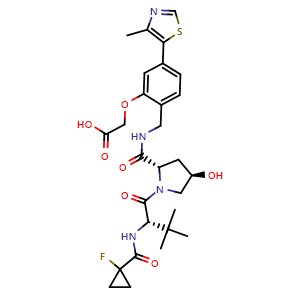 Chemical structure of 2-(2-(((2S,4R)-1-((S)-2-(1-fluorocyclopropane-1-carboxamido)-3,3-dimethylbutanoyl)-4-hydroxypyrrolidine-2-carboxamido)methyl)-5-(4-methylthiazol-5-yl)phenoxy)acetic acid , CAS 2697188-31-9, AChemBlock AD271220