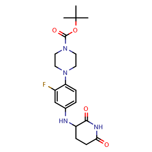 Chemical structure of tert-butyl 4-(4-[(2,6-dioxopiperidin-3-yl)amino]-2-fluorophenyl)piperazine-1-carboxylate , CAS 2704620-73-3, AChemBlock AD271221