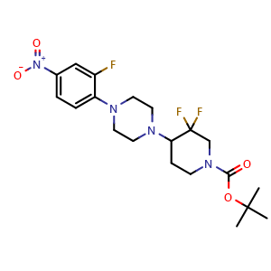 Chemical structure of tert-butyl 3,3-difluoro-4-(4-(2-fluoro-4-nitrophenyl)piperazin-1-yl)piperidine-1-carboxylate , CAS 2704622-89-7, AChemBlock AD271222