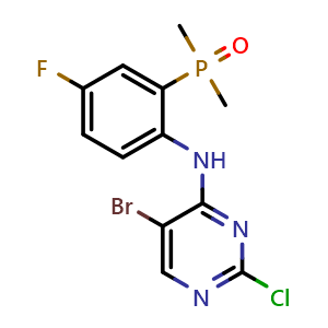 Chemical structure of 5-bromo-2-chloro-N-(2-(dimethylphosphoryl)-4-fluorophenyl)pyrimidin-4-amine , CAS 2726465-83-2, AChemBlock AD271230