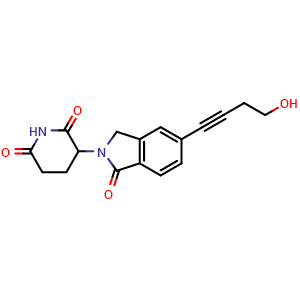 Chemical structure of 3-(5-(4-hydroxybut-1-yn-1-yl)-1-oxoisoindolin-2-yl)piperidine-2,6-dione , CAS 2727154-11-0, AChemBlock AD271231