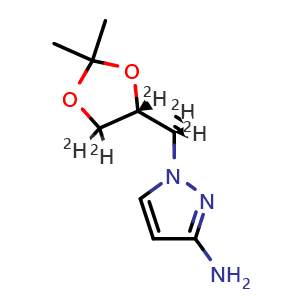 Chemical structure of (R)-1-((2,2-dimethyl-1,3-dioxolan-4-yl-4,5,5-d3)methyl-d2)-1H-pyrazol-3-amine , CAS 2730149-21-8, AChemBlock AD271232