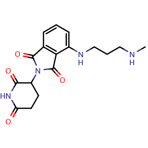 Chemical structure of 2-(2,6-dioxopiperidin-3-yl)-4-[(3-(methylamino)propyl)amino]-2,3-dihydro-1H-isoindole-1,3-dione , CAS 2736496-77-6, AChemBlock AD271235