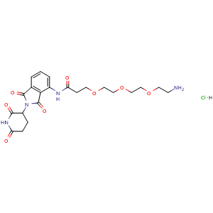 Chemical structure of 3-(2-(2-(2-aminoethoxy)ethoxy)ethoxy)-N-(2-(2,6-dioxopiperidin-3-yl)-1,3-dioxo-2,3-dihydro-1H-isoindol-4-yl)propanamide hydrochloride , CAS 2743431-79-8, AChemBlock AD271241