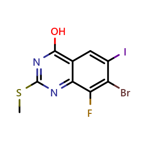 Chemical structure of 7-bromo-8-fluoro-6-iodo-2-(methylthio)quinazolin-4-ol , CAS 2757096-60-7, AChemBlock AD271244
