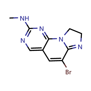Chemical structure of 6-bromo-N-methyl-8,9-dihydroimidazo[1',2':1,6]pyrido[2,3-d]pyrimidin-2-amine , CAS 2761070-96-4, AChemBlock AD271254
