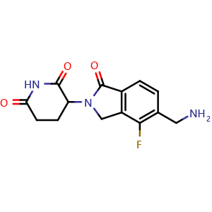Chemical structure of 3-(5-(aminomethyl)-4-fluoro-1-oxo-2,3-dihydro-1H-isoindol-2-yl)piperidine-2,6-dione , CAS 2761170-86-7, AChemBlock AD271256