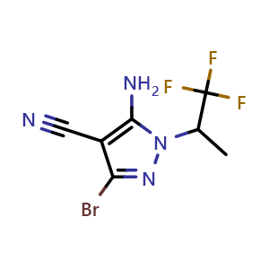 Chemical structure of 5-amino-3-bromo-1-(1,1,1-trifluoropropan-2-yl)-1H-pyrazole-4-carbonitrile , CAS 2764851-43-4, AChemBlock AD271260