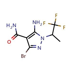 Chemical structure of 5-amino-3-bromo-1-(1,1,1-trifluoropropan-2-yl)-1H-pyrazole-4-carboxamide , CAS 2764851-44-5, AChemBlock AD271261