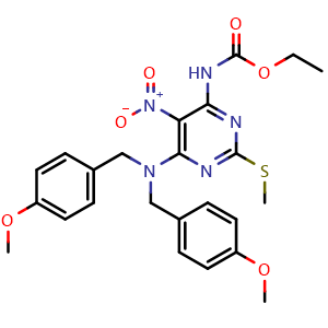 Chemical structure of ethyl N-(6-(bis[(4-methoxyphenyl)methyl]amino)-2-(methylsulfanyl)-5-nitropyrimidin-4-yl)carbamate , CAS 2765076-65-9, AChemBlock AD271262