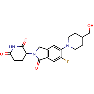Chemical structure of 3-(6-fluoro-5-(4-(hydroxymethyl)piperidin-1-yl)-1-oxo-2,3-dihydro-1H-isoindol-2-yl)piperidine-2,6-dione , CAS 2770574-29-1, AChemBlock AD271270