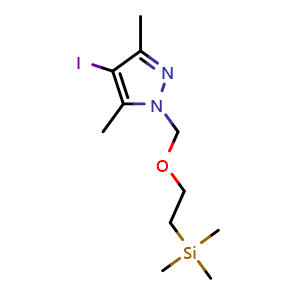 Chemical structure of 4-iodo-3,5-dimethyl-1-((2-(trimethylsilyl)ethoxy)methyl)-1H-pyrazole , CAS 2778162-52-8, AChemBlock AD271274