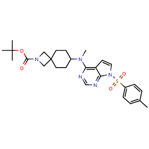 Chemical structure of tert-butyl 7-(methyl(7-(4-methylbenzenesulfonyl)-7H-pyrrolo[2,3-d]pyrimidin-4-yl)amino)-2-azaspiro[3.5]nonane-2-carboxylate , CAS 2781926-03-0, AChemBlock AD271275