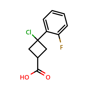 Chemical structure of 3-chloro-3-(2-fluorophenyl)cyclobutane-1-carboxylic acid , CAS 2803883-89-6, AChemBlock AD271290